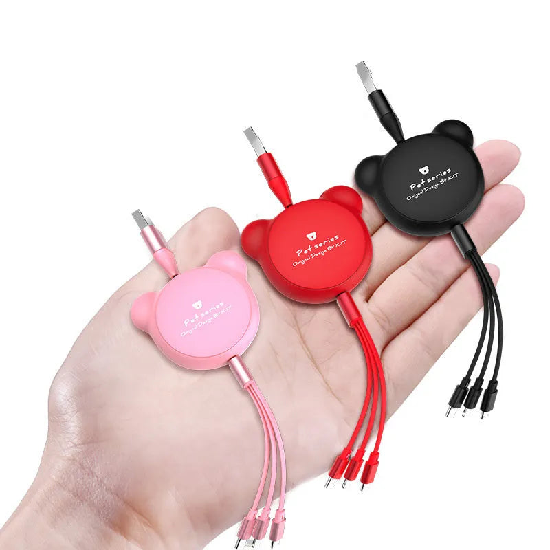 Telescopic bear-shaped cable holder extended to 1.2 metres with three USB charging cables