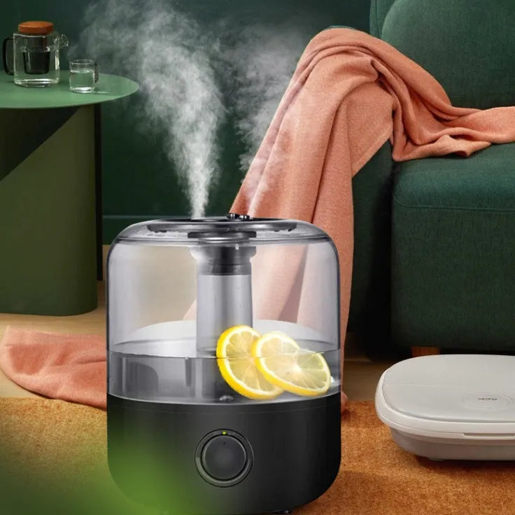 White or black ultrasonic humidifier with 3-litre tank and mechanical controls.