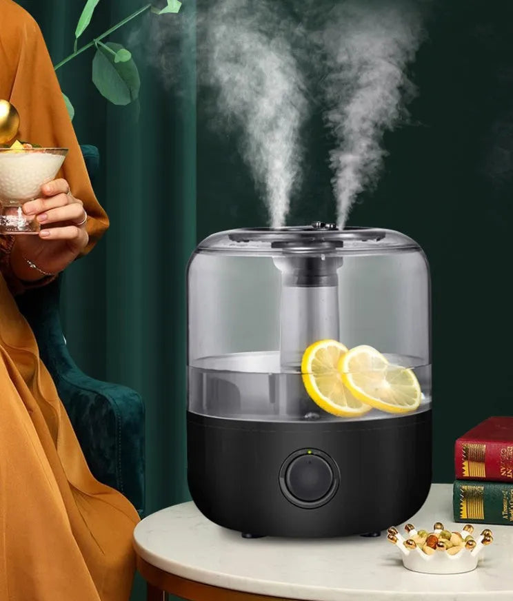 White or black ultrasonic humidifier with 3-litre tank and mechanical controls.