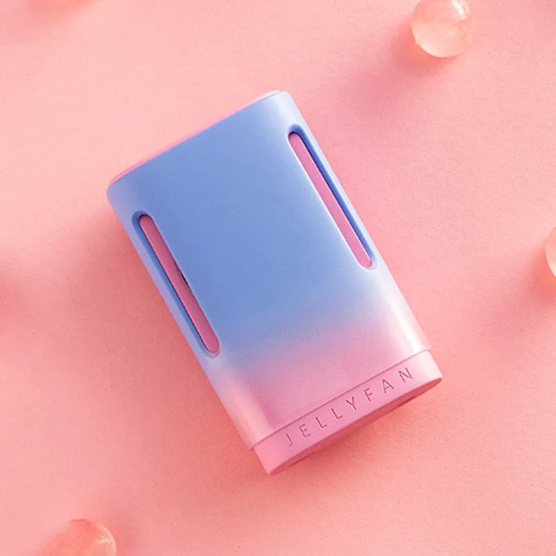 Jelly USB rechargeable hanging neck fan in mint peach colour with webbing strap