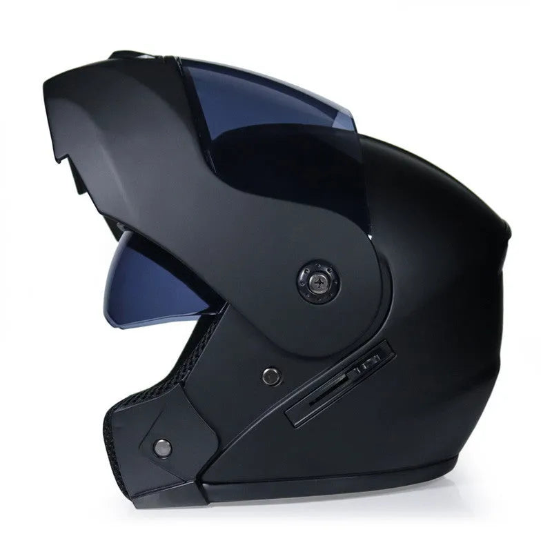 Full-face motorcycle helmet with dual-lens visor, ABS shell, available in multiple colours and sizes for electric bike use