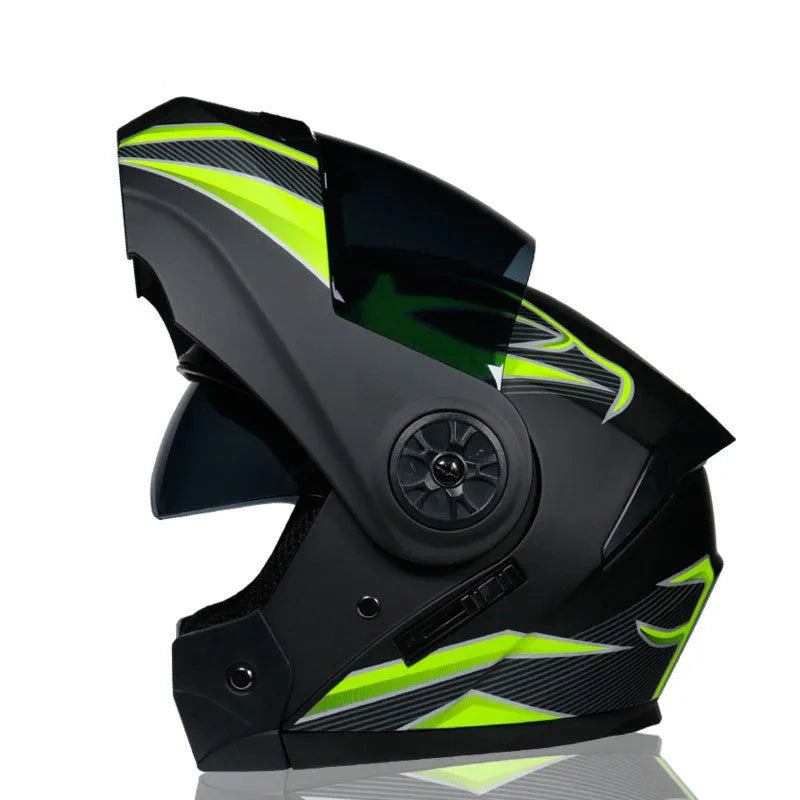 Full-face motorcycle helmet with dual-lens visor, ABS shell, available in multiple colours and sizes for electric bike use