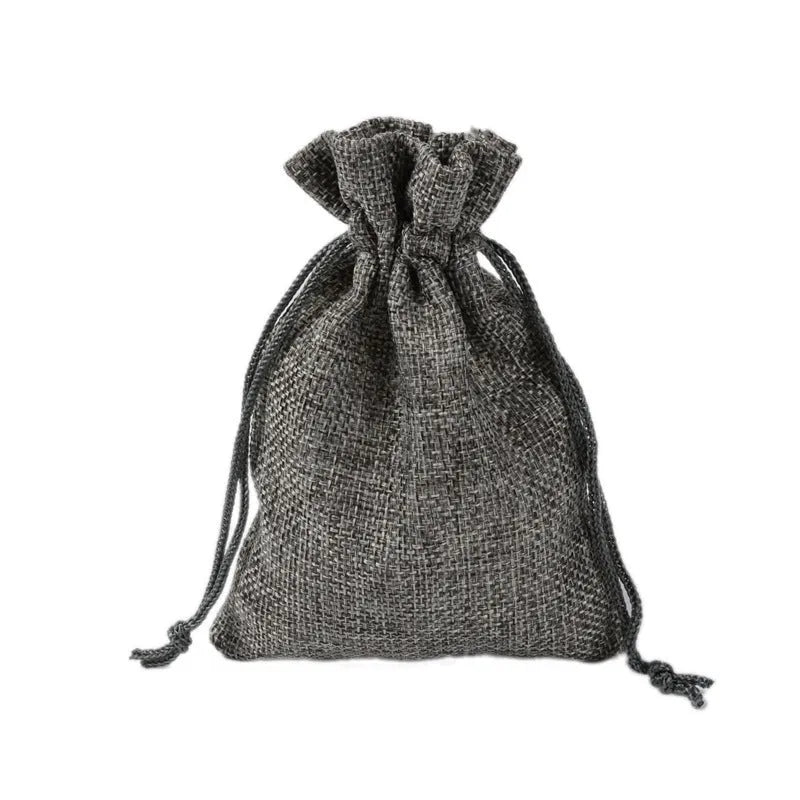 Drawstring linen jewellery bag with rope closure, shown as a mini sack pouch in 15x20cm and 7x9cm sizes