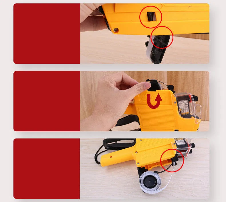 Manual price coding machine in blue, red, or yellow colour with ink roller and paper rolls