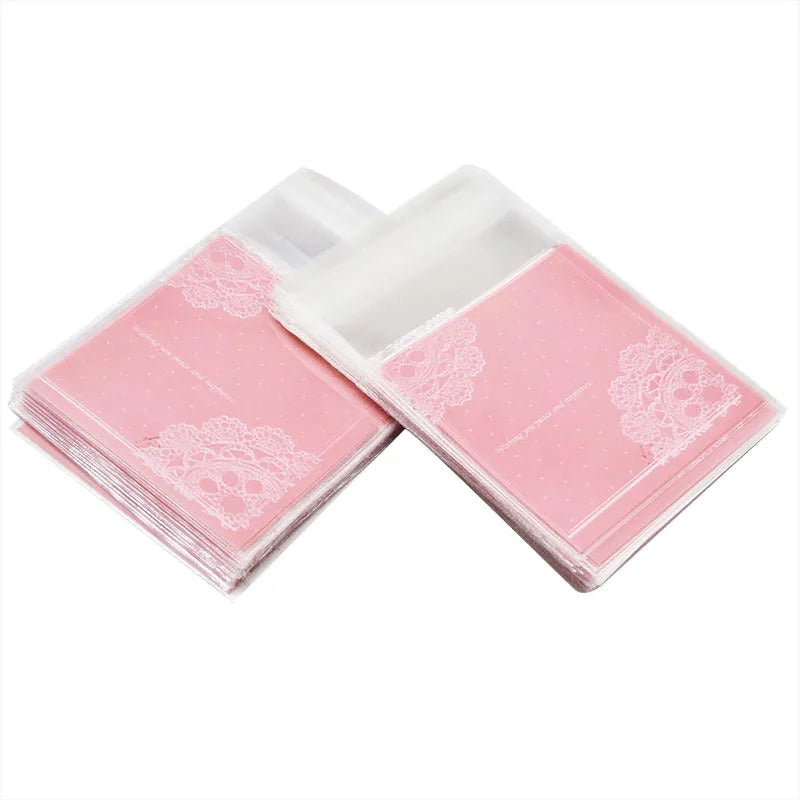 Pink self-adhesive plastic bag with gusseted base for packaging handmade soap