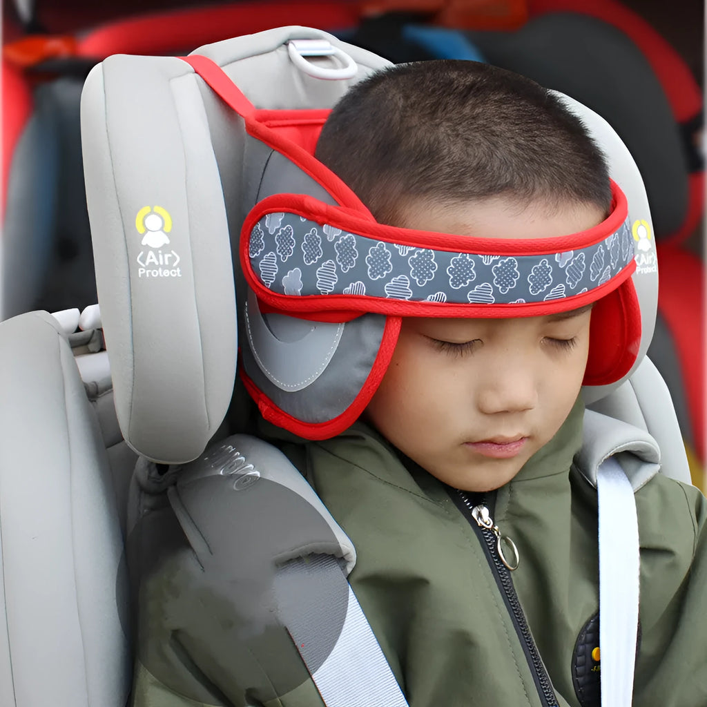 Children's travel headrest pillow with polyester cover and sponge filler, shown in peacock blue and big red