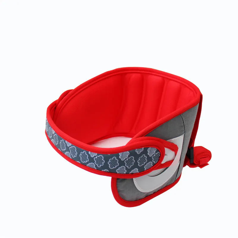 Children's travel headrest pillow with polyester cover and sponge filler, shown in peacock blue and big red