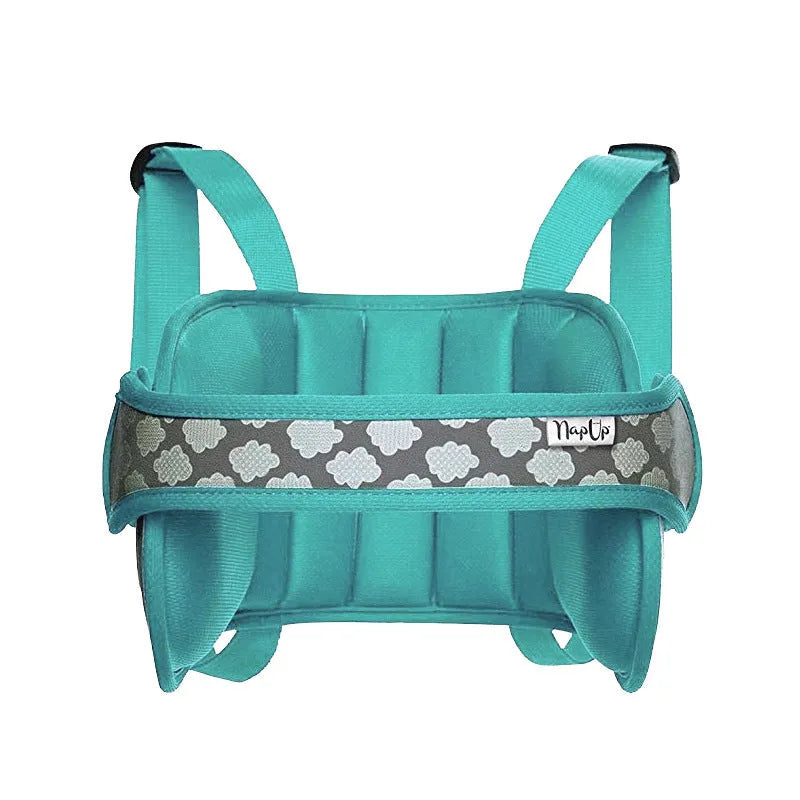 Children's travel headrest pillow with polyester cover and sponge filler, shown in peacock blue and big red