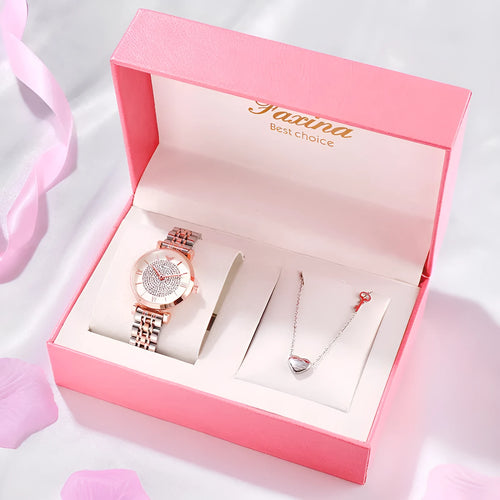 Women's rose gold gypsophila alloy quartz watch with 32mm dial and matching titanium steel heart-shaped necklace