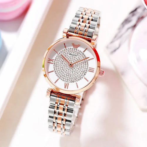 Women's rose gold gypsophila alloy quartz watch with 32mm dial and matching titanium steel heart-shaped necklace