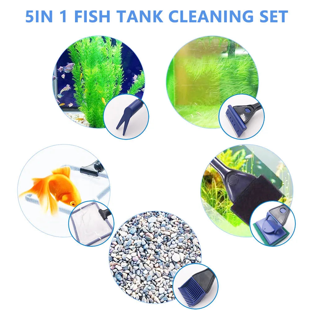 5-in-1 aquarium cleaning tool set with telescopic handle, black and blue, including net and scraper