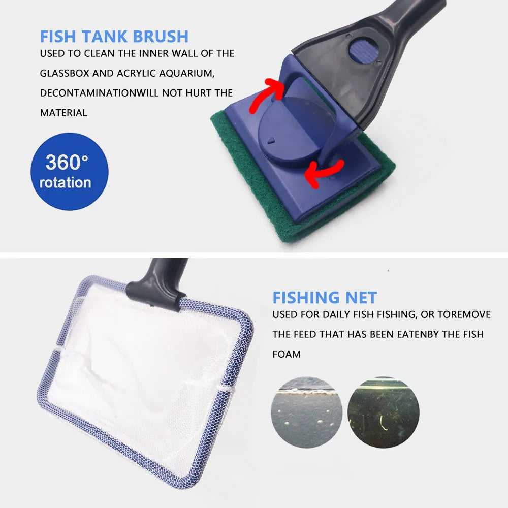 5-in-1 aquarium cleaning tool set with telescopic handle, black and blue, including net and scraper