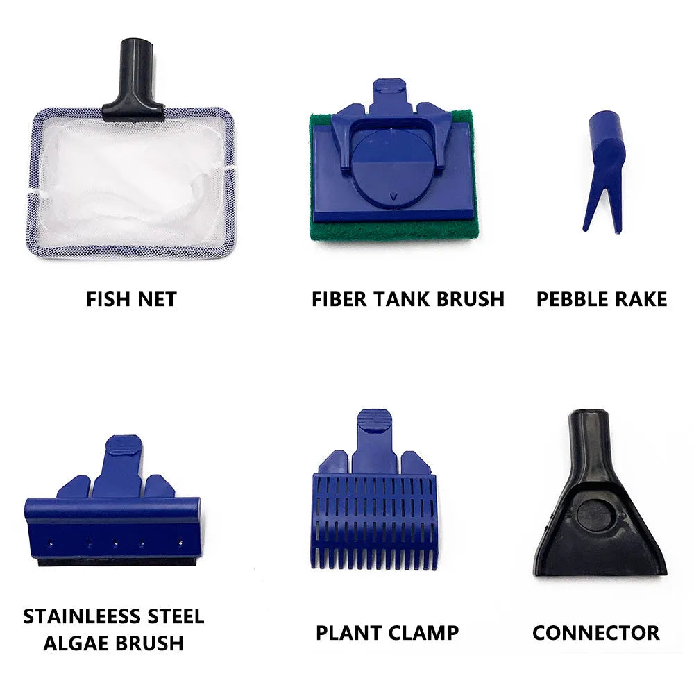 5-in-1 aquarium cleaning tool set with telescopic handle, black and blue, including net and scraper