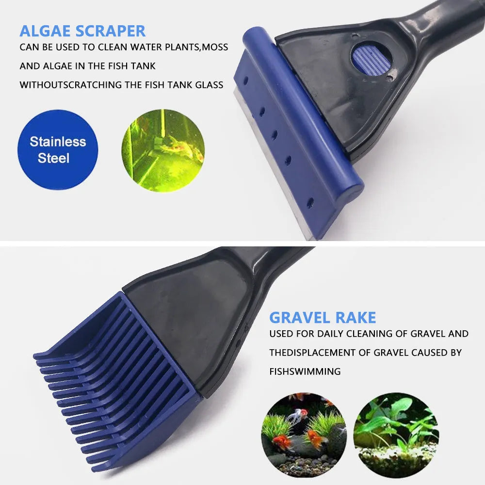 5-in-1 aquarium cleaning tool set with telescopic handle, black and blue, including net and scraper