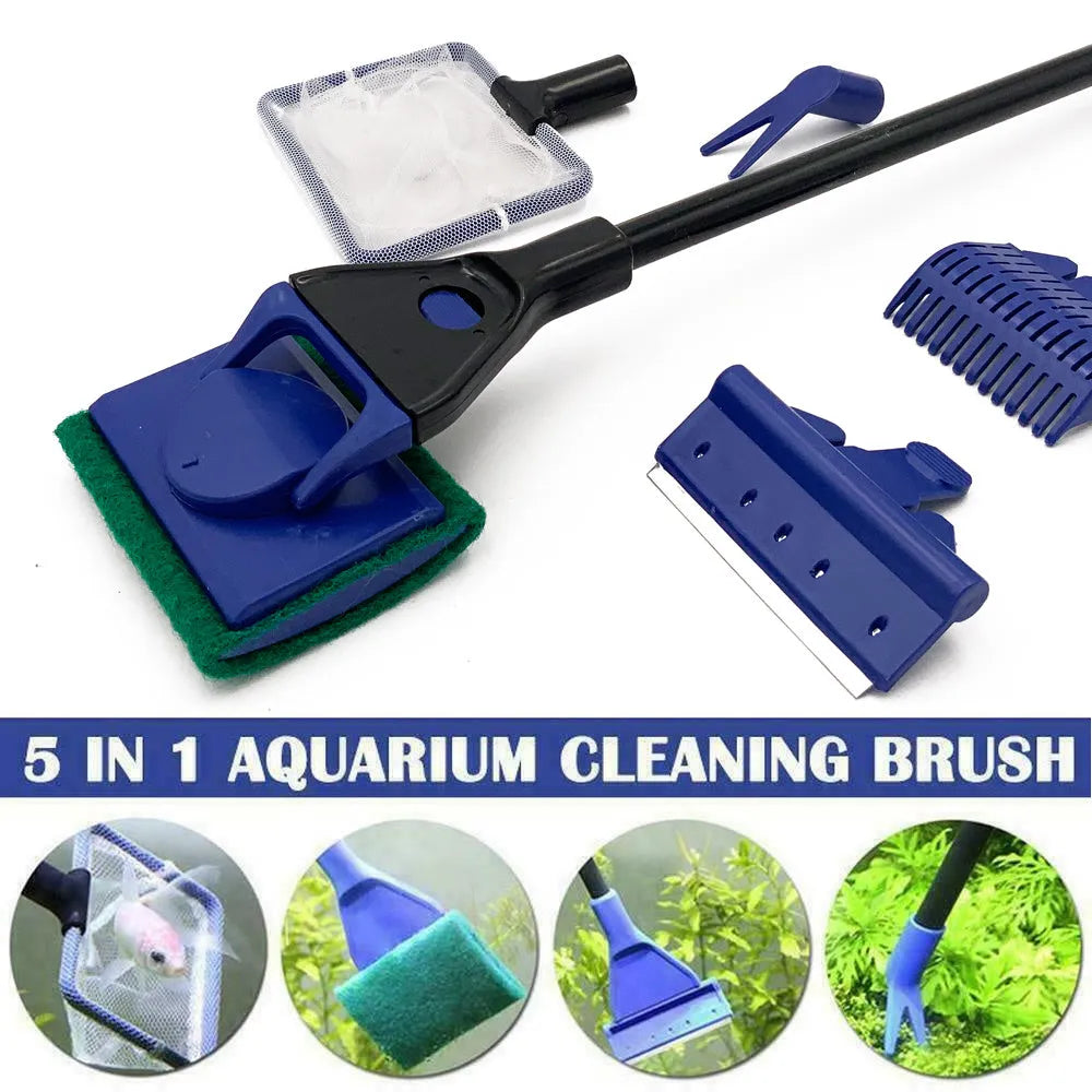 5-in-1 aquarium cleaning tool set with telescopic handle, black and blue, including net and scraper