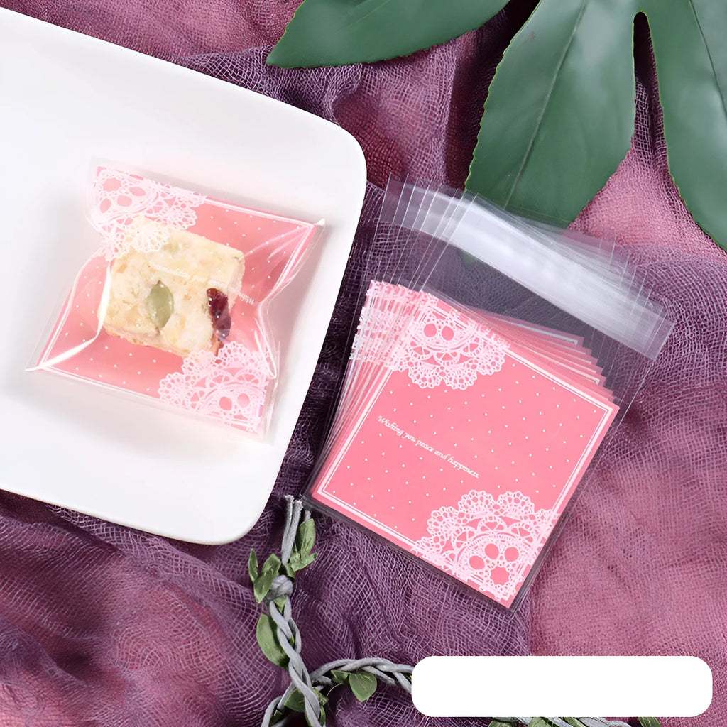 Pink self-adhesive plastic bag with gusseted base for packaging handmade soap
