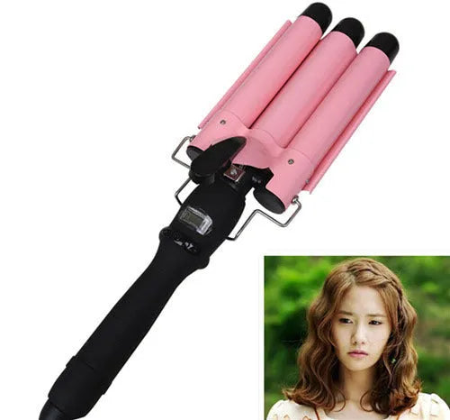 Horse Brand small corrugated three-tube electric curling iron 20mm-32mm barrel Black pink with UK plug