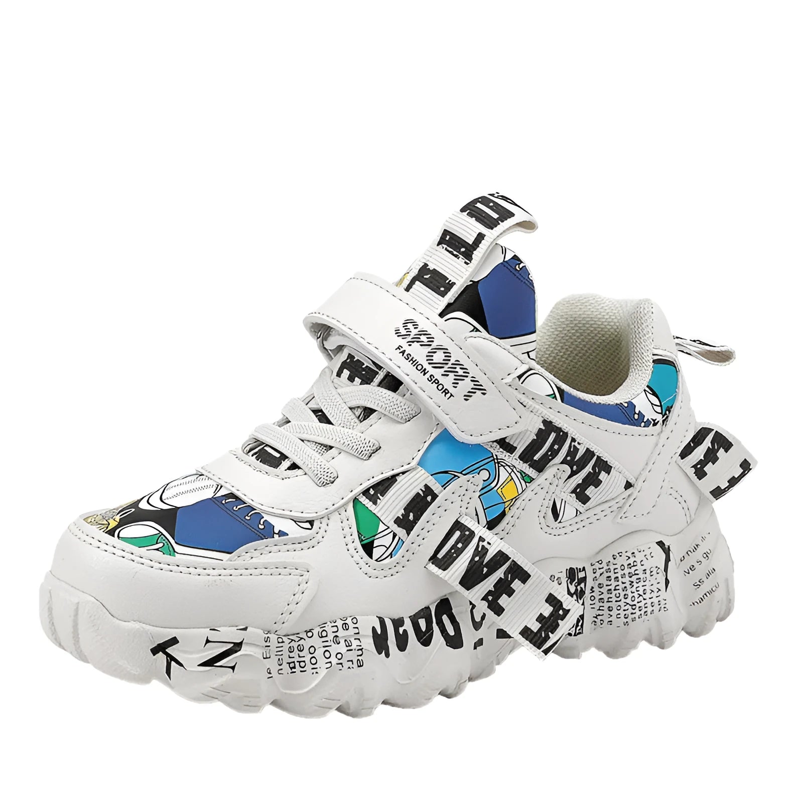 Boys sports sneaker with Velcro strap in beige blue, white red, and bright red colour options