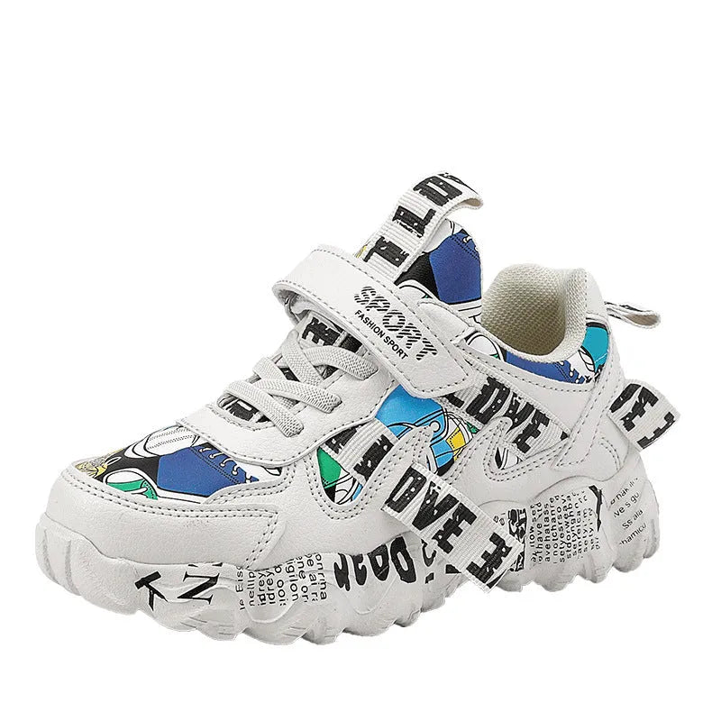 Boys sports sneaker with Velcro strap in beige blue, white red, and bright red colour options