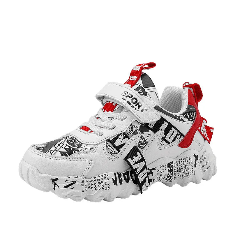 Boys sports sneaker with Velcro strap in beige blue, white red, and bright red colour options