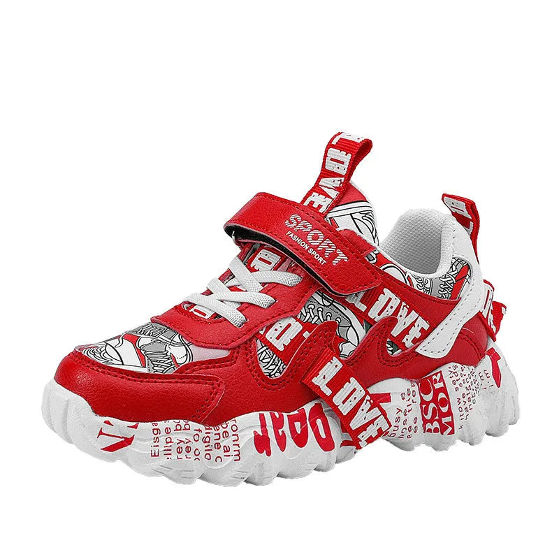 Boys sports sneaker with Velcro strap in beige blue, white red, and bright red colour options