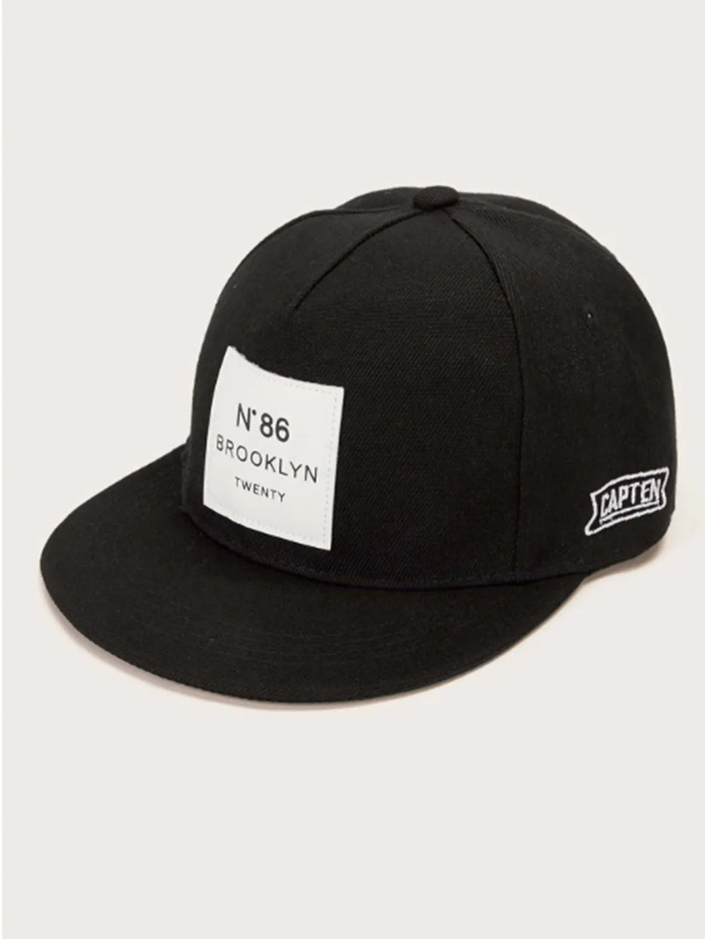 Adjustable unisex baseball cap with letter design, shown in all black, black, camouflage and white