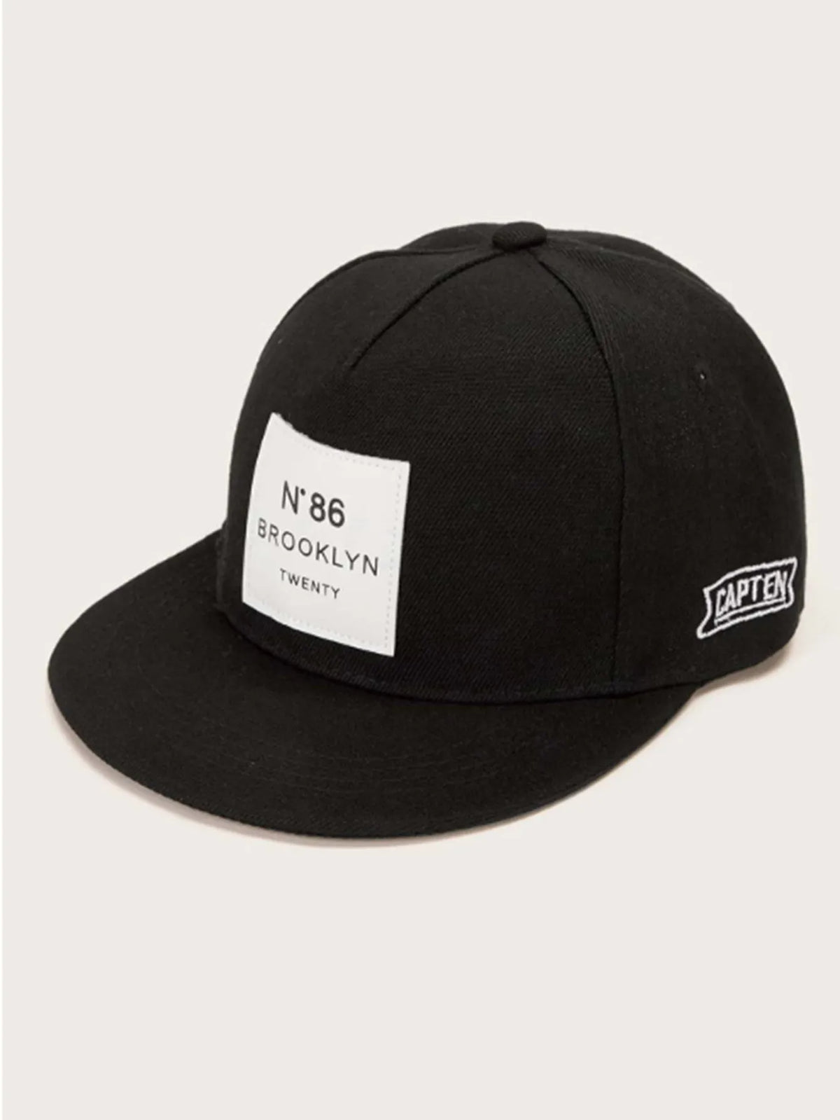Adjustable unisex baseball cap with letter design, shown in all black, black, camouflage and white