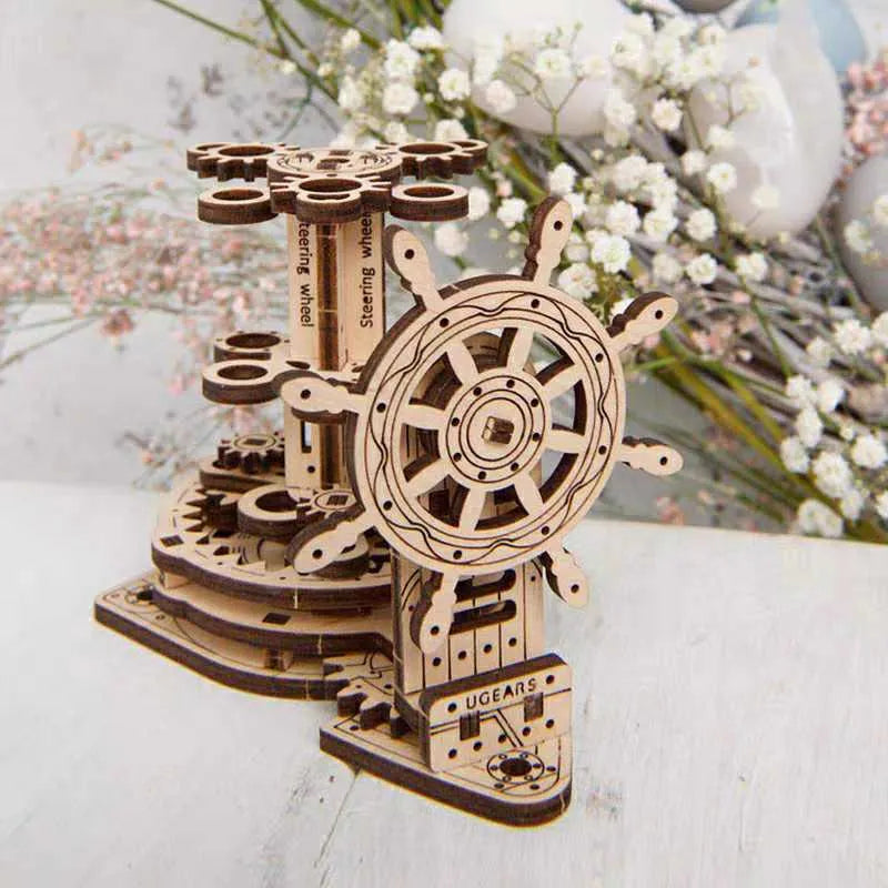Ukrainian wooden rotating steering wheel model pen holder made of beech wood on a desk