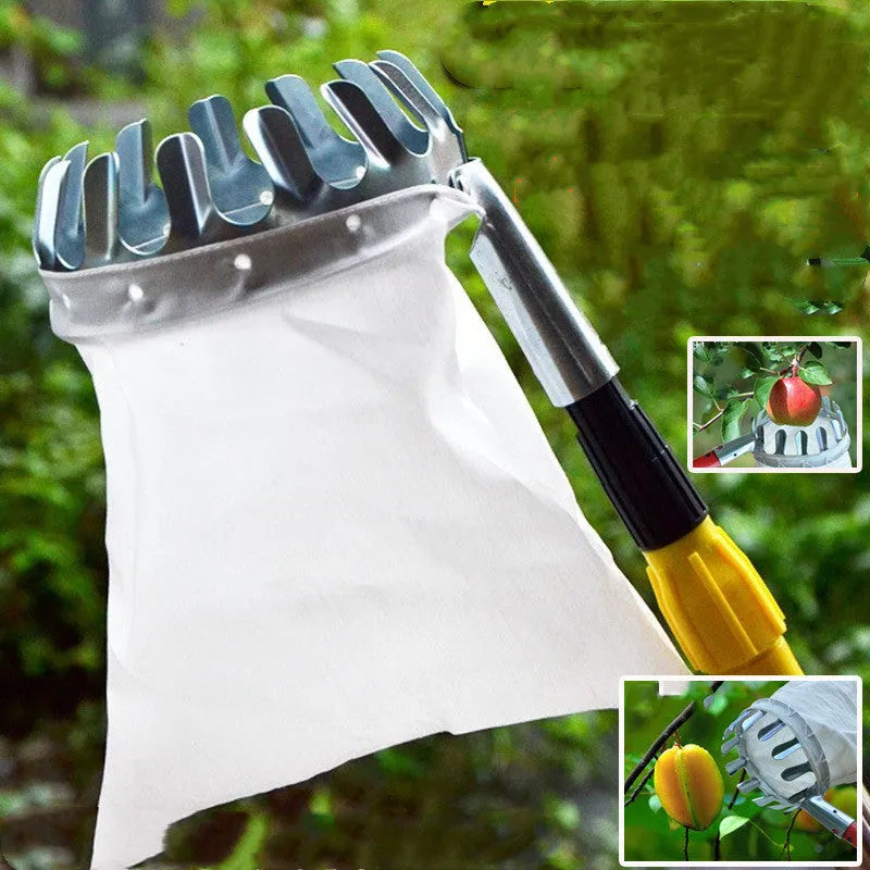 Fruit picker basket catcher tool with steel frame and cloth bag for garden fruit harvesting