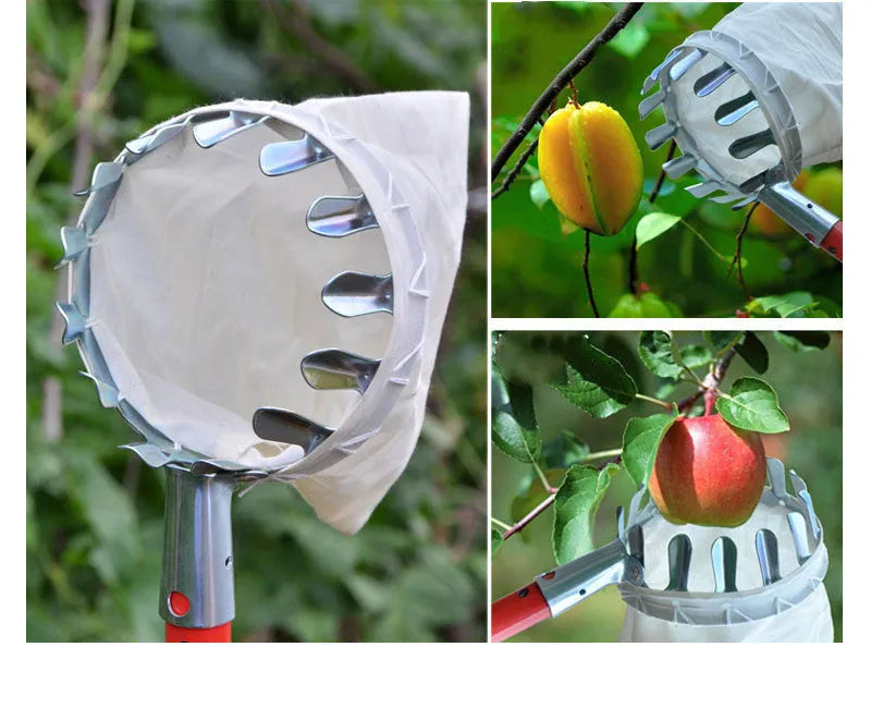 Fruit picker basket catcher tool with steel frame and cloth bag for garden fruit harvesting
