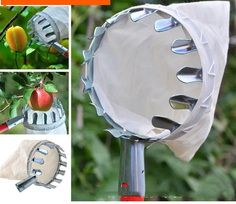Fruit picker basket catcher tool with steel frame and cloth bag for garden fruit harvesting