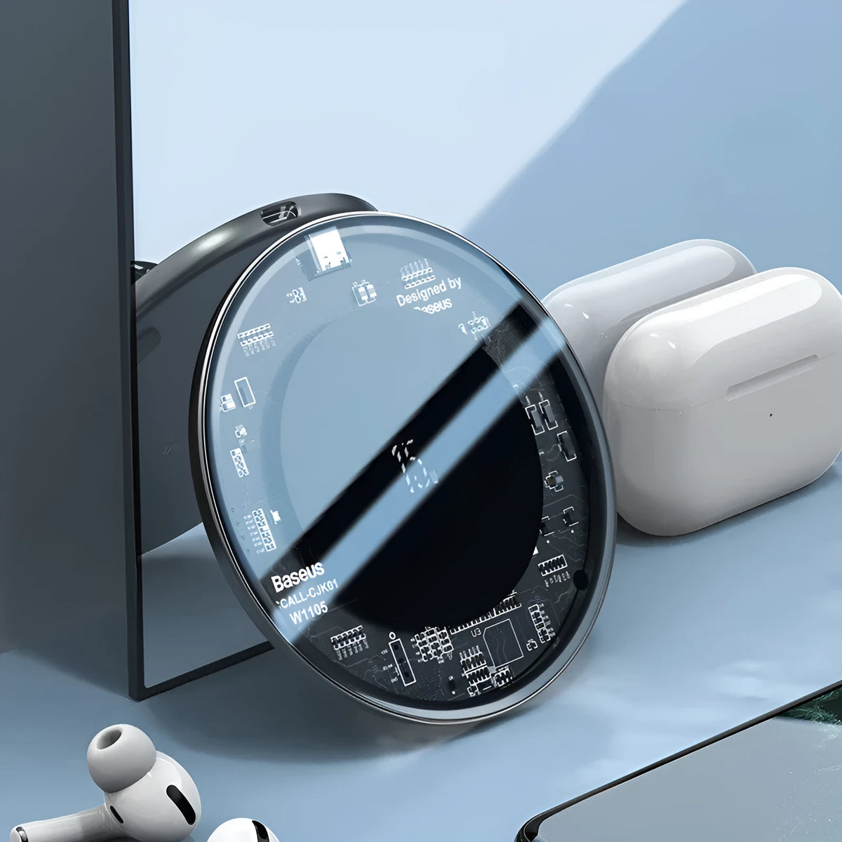 Wireless charger with 12V input, 2000mA output, Type-C interface, available in black, transparent, or white.