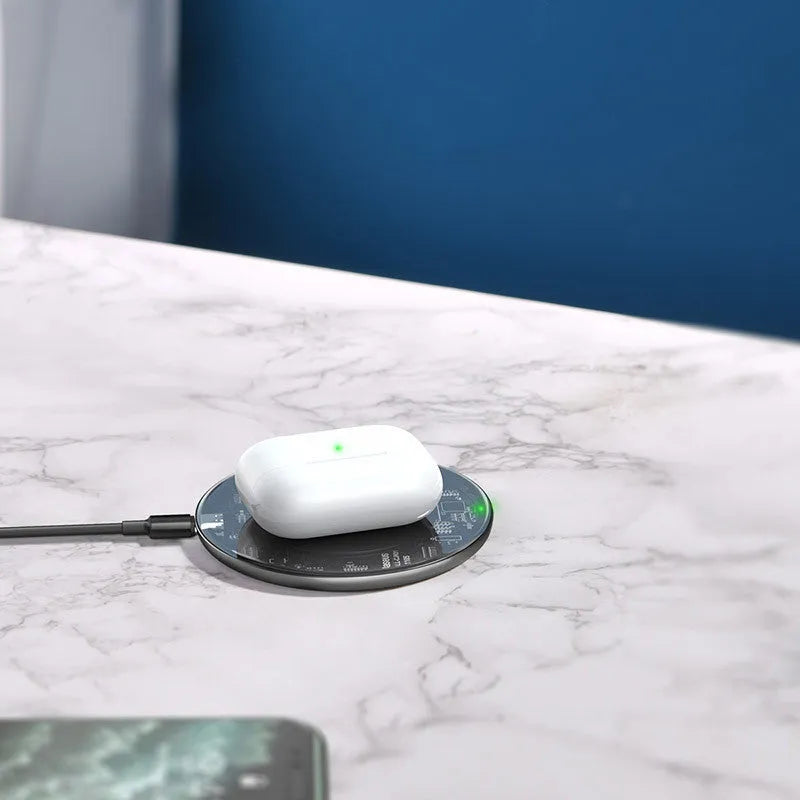 Wireless charger with 12V input, 2000mA output, Type-C interface, available in black, transparent, or white.