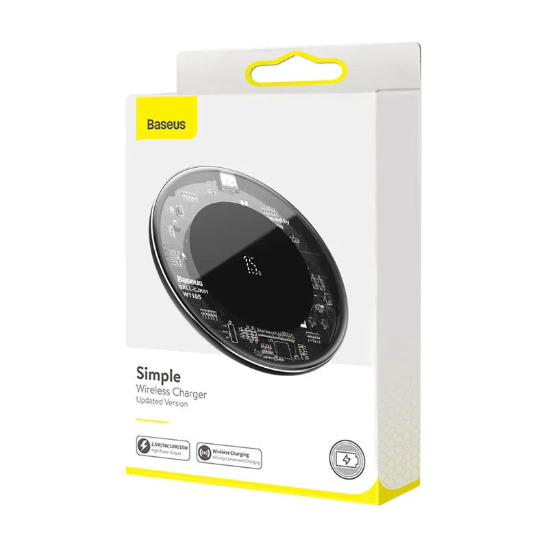 Wireless charger with 12V input, 2000mA output, Type-C interface, available in black, transparent, or white.