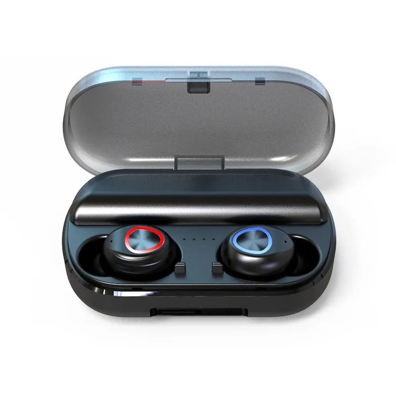 Black sports wireless Bluetooth headset with V8 earphone shell design showing custom processing options