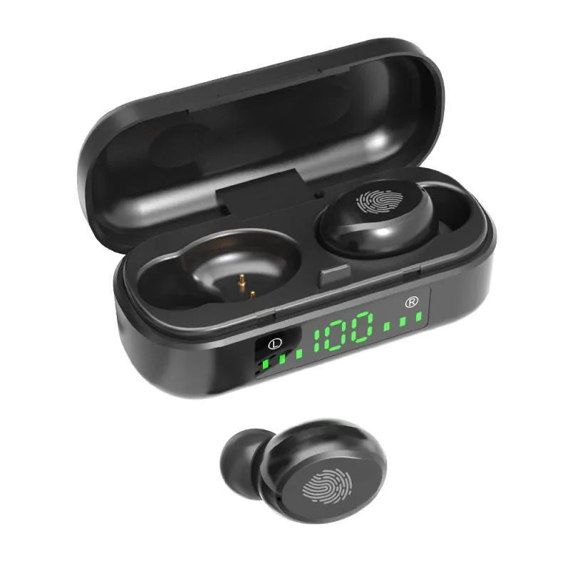 Black sports wireless Bluetooth headset with V8 earphone shell design showing custom processing options