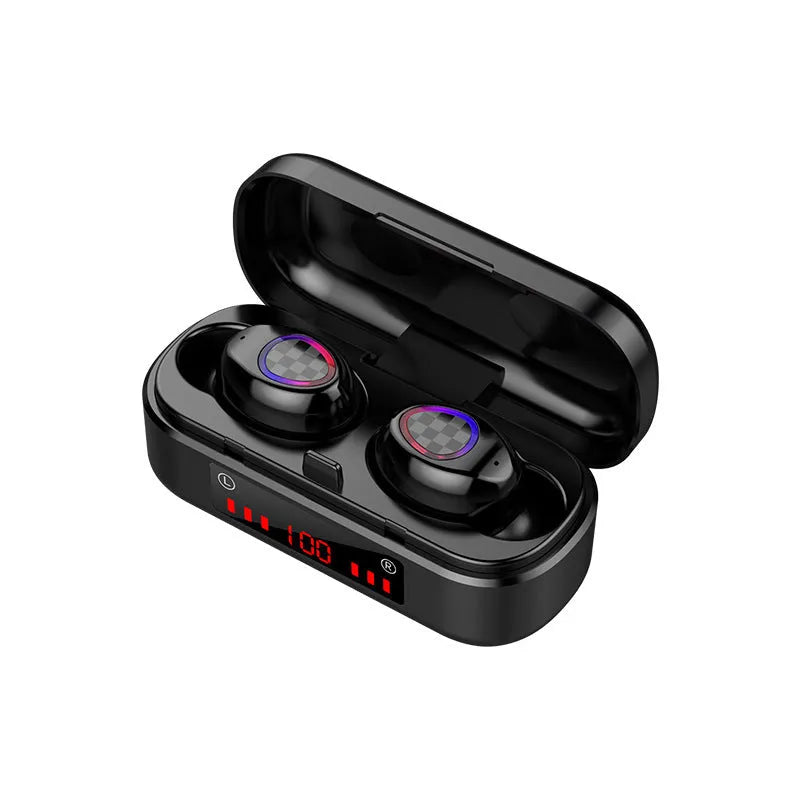 Black sports wireless Bluetooth headset with V8 earphone shell design showing custom processing options
