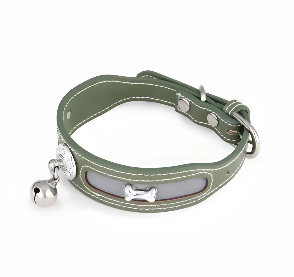 Reflective PU cat and dog collar with bone mark in green, adjustable 25to32cm