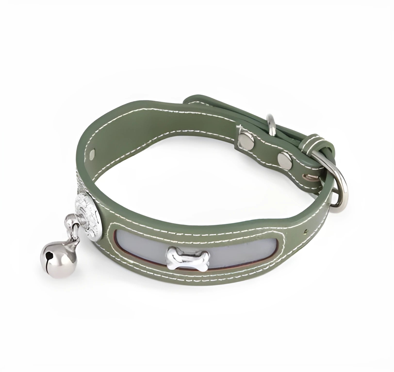 Reflective PU cat and dog collar with bone mark in green, adjustable 25to32cm