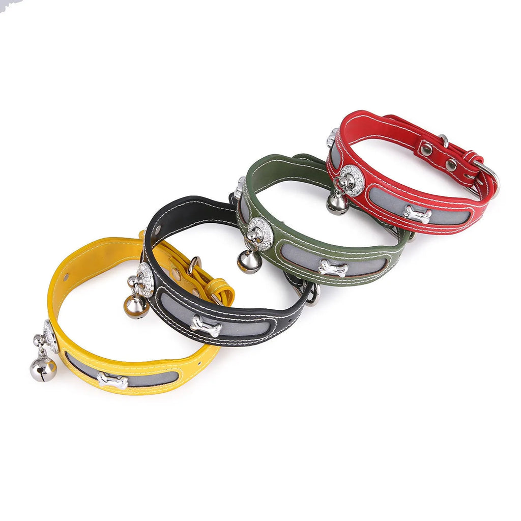 Reflective PU cat and dog collar with bone mark in green, adjustable 25to32cm