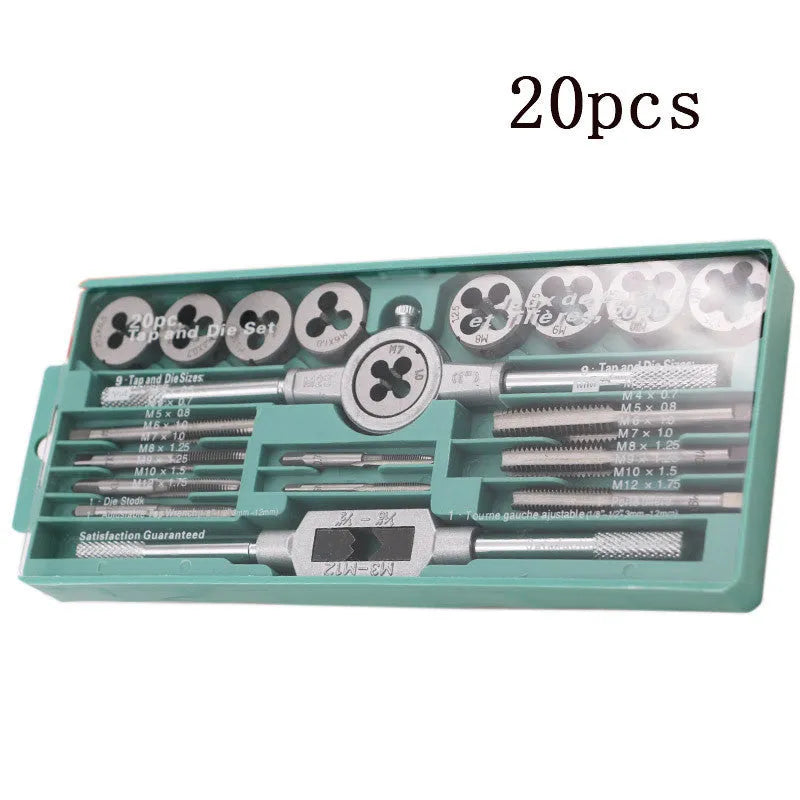 20-piece alloy steel hand tap and die set with metric threads on a workshop bench