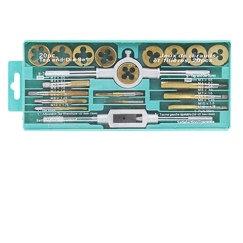 20-piece alloy steel hand tap and die set with metric threads on a workshop bench