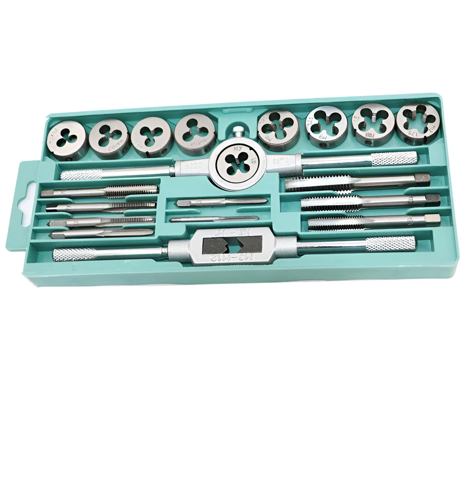 20-piece alloy steel hand tap and die set with metric threads on a workshop bench