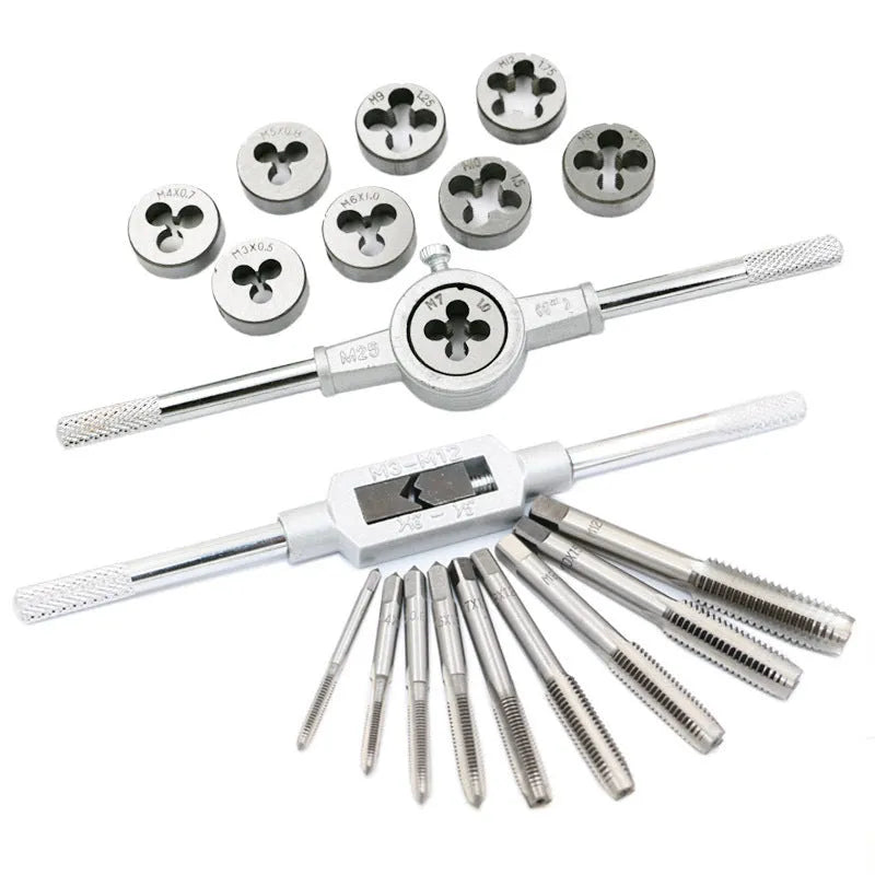 20-piece alloy steel hand tap and die set with metric threads on a workshop bench