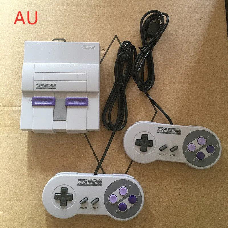 SNES mini game console replica in black with two wired controllers and HDMI cable