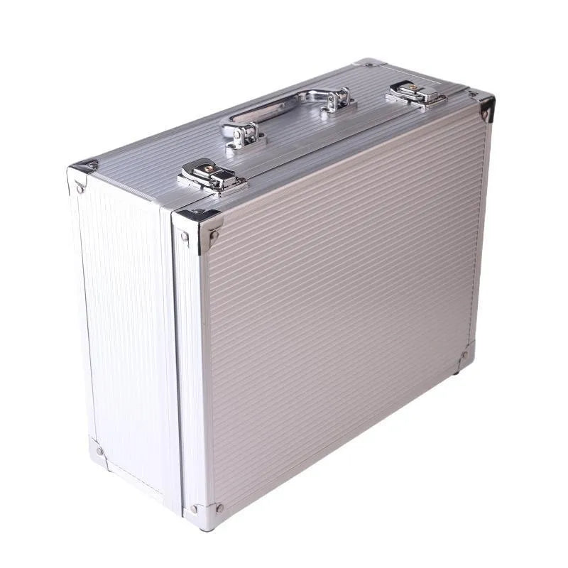 Black aluminium tattoo equipment storage case open, showing foam-lined interior with acrylic dividers organising pliers and machines.