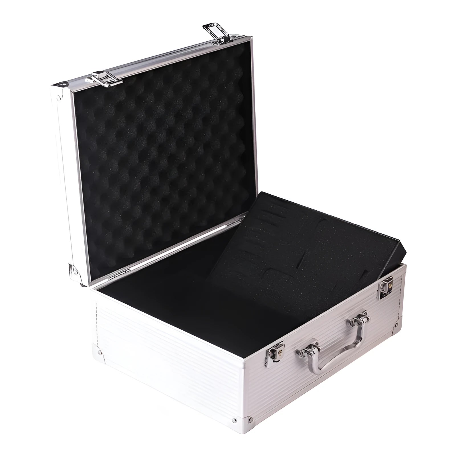 Black aluminium tattoo equipment storage case open, showing foam-lined interior with acrylic dividers organising pliers and machines.