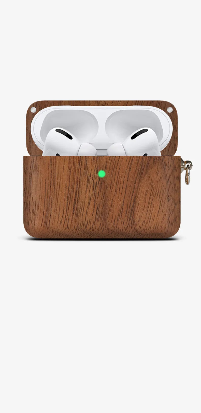 LZL solid wood earphone sleeve with braided lanyard, shown in walnut finish next to wireless earphones.