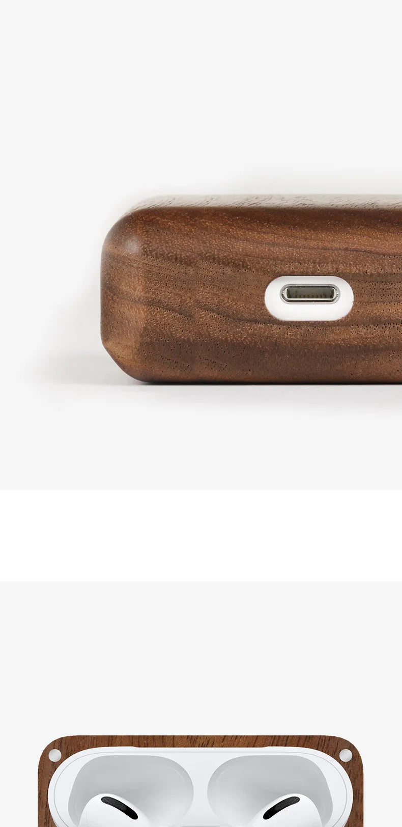 LZL solid wood earphone sleeve with braided lanyard, shown in walnut finish next to wireless earphones.