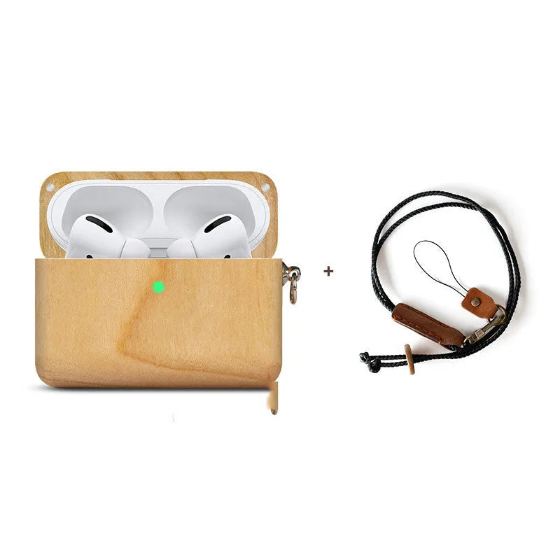 LZL solid wood earphone sleeve with braided lanyard, shown in walnut finish next to wireless earphones.